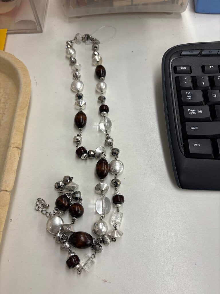 Beaded Necklace with Silver and Wood Accents